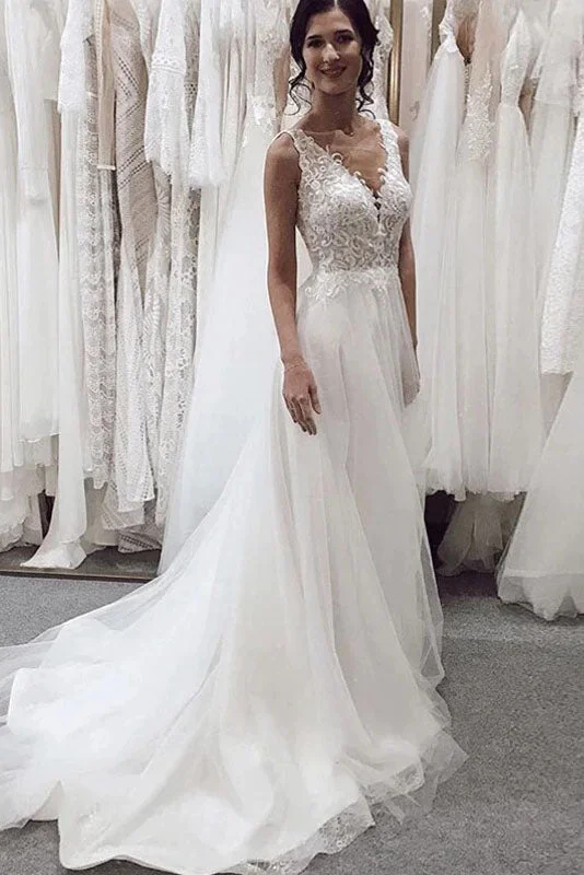 Tulle Wedding Dresses for Light and Flowing Look -Elegant Tulle Wedding Dress Deep V-Neck Sleeveless Chapel Train A-line Applique Bridal Dress OKW23