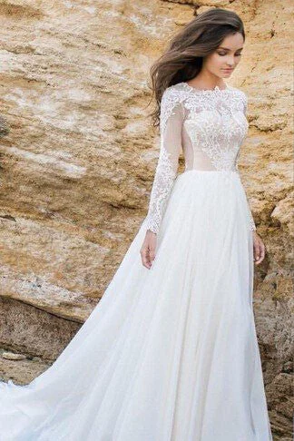 Lace-Back Wedding Dresses for Sexy Detail -Elegant Lace Chiffon ALine Simple Long Sleeves Beach Wedding Dress Plus Size OK241