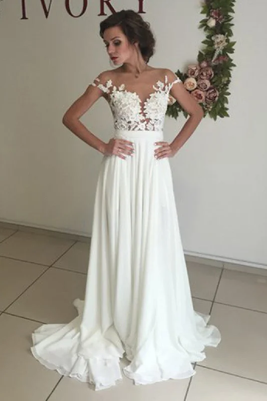 A-Line Wedding Dresses for Slimming Effect -Elegant White Chiffon Wedding Dress with Appliques, Sweep Train A Line Wedding Dress