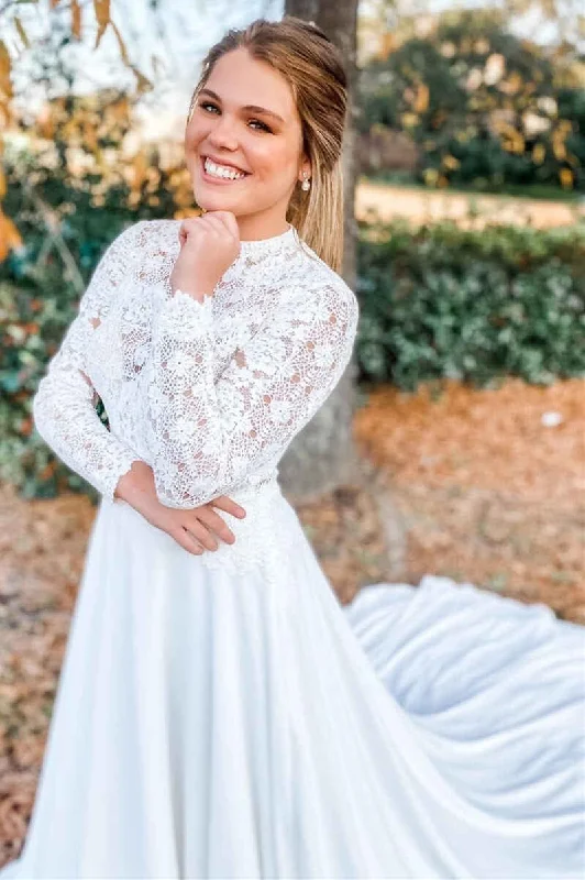 Elegant Bridal Dresses with Beaded Bodice for Sparkling Effect -Elegant White Lace High Collar Long Sleeves Long Wedding Dress OK1620