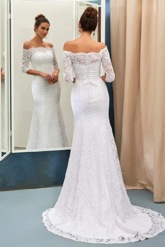 Sweetheart Neckline Wedding Dresses for Romantic Touch -Elegant White Off-The-Shoulder 3/4-Length Sleeves Lace Mermaid Wedding Dresses OK556 Sweetheart Neckline Wedding Dresses for Romantic Touch -Elegant White Off-The-Shoulder 3/4-Length Sleeves Lace Mermaid Wedding Dresses OK556