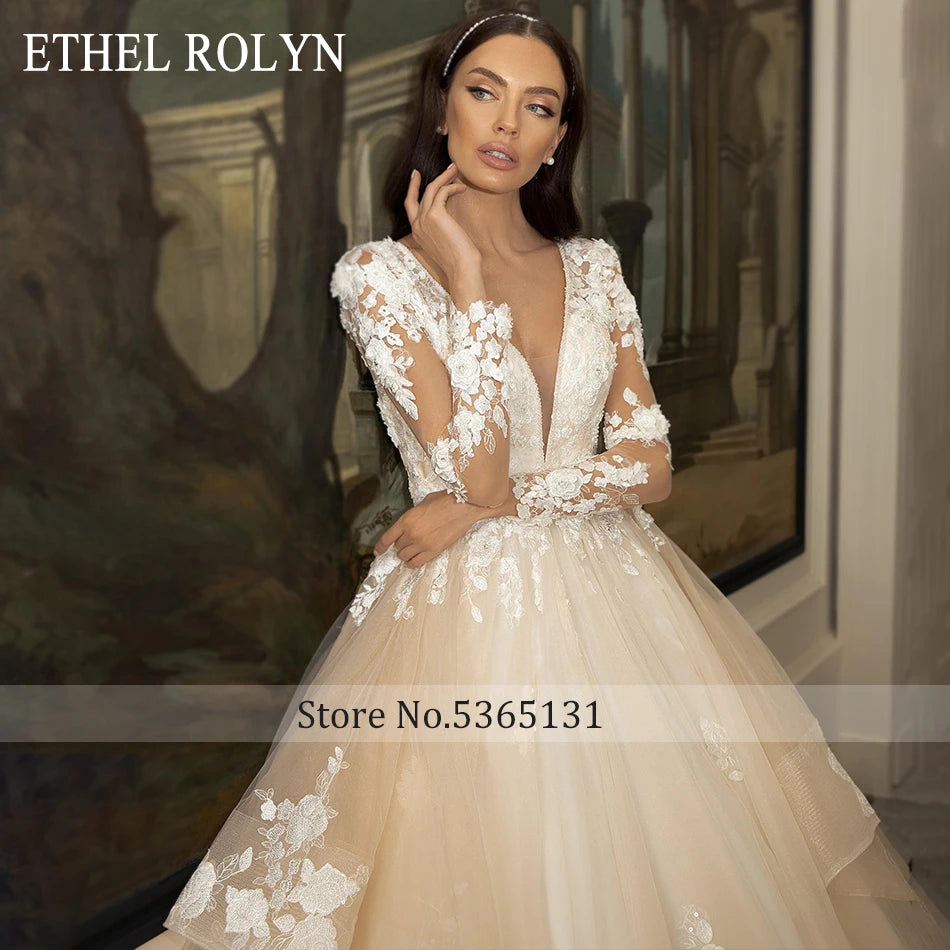 Crystal-Embellished Wedding Dresses for Extra Glam -Wedding Dresses For Women Long Sleeve V-Neck Beading 3D Flowers