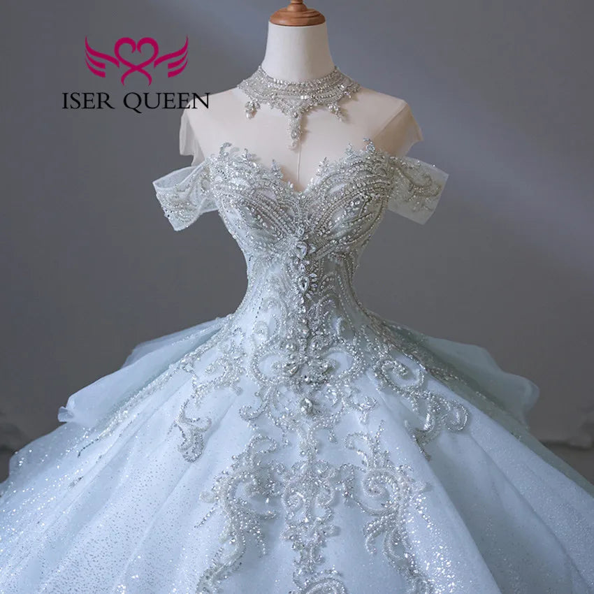 Silk Wedding Dresses with Embellished Waist for Extra Glam -Off Shoulder Wedding Dress Heavy Beading Lace Tailing Princess