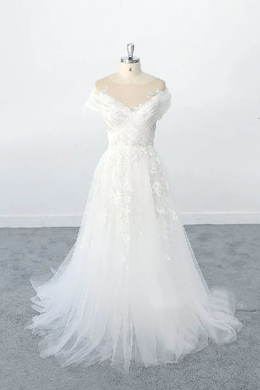 Bohemian Wedding Dresses for Relaxed Style -Exquisite off Shoulder Sleeves Lace Appliques Tulle Wedding Dresses with Illusion Neckline OKU95