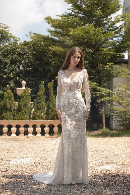 Wedding Dresses with Intricate Beading for Sparkling Effect -Fit and Flare Bridal Dress with Floral Lace (#JULES)