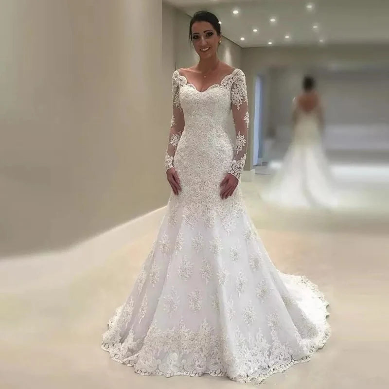 Elegant Lace Wedding Dresses with Scalloped Edges for Timeless Appeal -Gelinlik Mermaid Wedding Dress M06 Long Sleeves for Bridal Elegant Lace Wedding Dresses with Scalloped Edges for Timeless Appeal -Gelinlik Mermaid Wedding Dress M06 Long Sleeves for Bridal