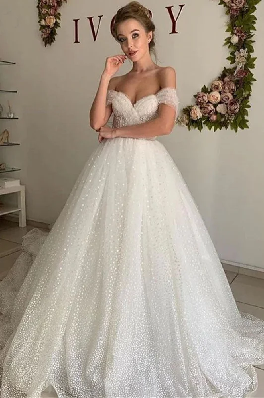 Simple Satin Wedding Dresses for Minimalist Brides -Glitter Tulle A-line Princess Wedding Dress Off the Shoulder Elegant Bridal Gowns OKV60
