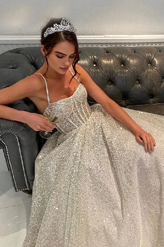 Wedding Dresses with Beaded Detail for Extra Glam -Glitter Wedding Dress A-line Shiny Tulle Straps Beaded Long Tail Bride Gown OKW49