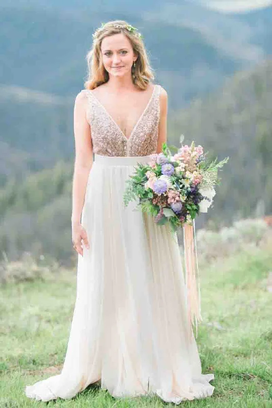 High-Low Wedding Dresses for Trendy Brides -Gold Sequin Chiffon Backless Simple Beach Wedding Dress with Sash OKF2 High-Low Wedding Dresses for Trendy Brides -Gold Sequin Chiffon Backless Simple Beach Wedding Dress with Sash OKF2
