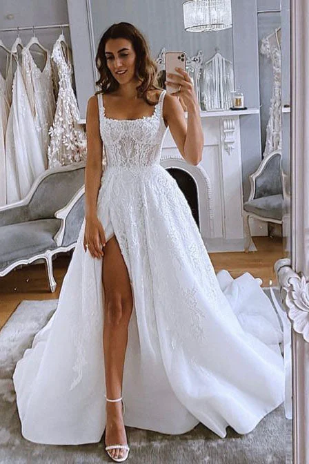 Wedding Dresses with Lace Back for Intricate Detail -Gorgeous A-line Spaghetti Straps Appliques Wedding Dress with Slit OKX24 Wedding Dresses with Lace Back for Intricate Detail -Gorgeous A-line Spaghetti Straps Appliques Wedding Dress with Slit OKX24