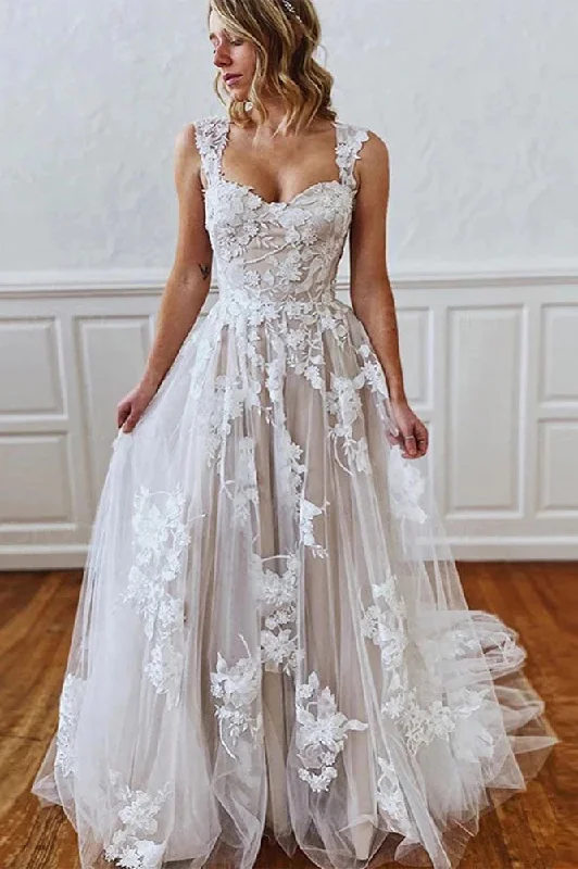 Minimalist Wedding Dresses for Simple Elegance -Gorgeous A-line Wedding Dress with Straps Sweetheart Lace Appliques Bridal Dress OKW92