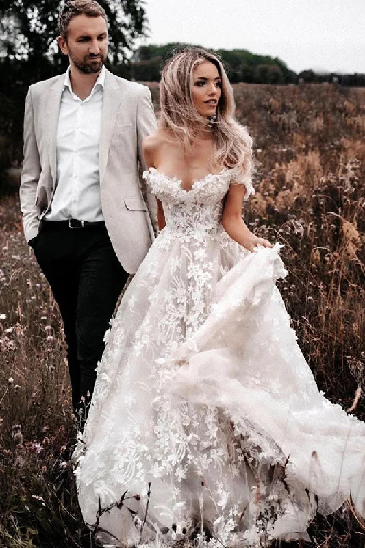 Lace-Back Wedding Dresses for Sexy Detail -Gorgeous Ivory Lace Appliques Off Shoulder Wedding Dress A-line Long Bride Dresses OKV21