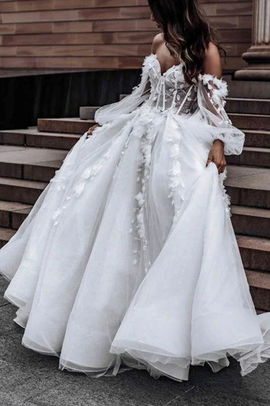 Vintage Bridal Gowns with Lace and Satin for Timeless Romance -Gorgeous Rustic Long Sleeves Off the Shoulder Wedding Dress Beach Bridal Gowns OK1646