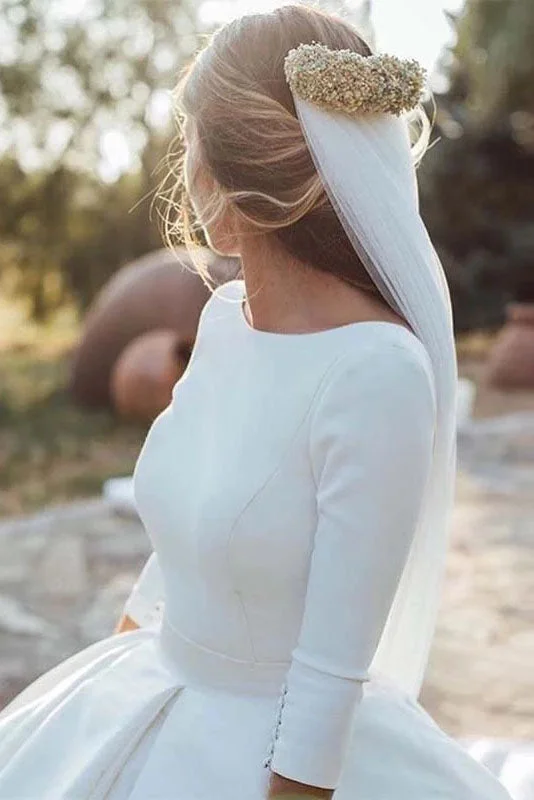 Off-The-Shoulder Lace Wedding Dresses for Romantic Feel -Gorgeous Satin Backless Wedding Dress 3/4 Sleeve Cathedral Train Bridal Dress OKW43