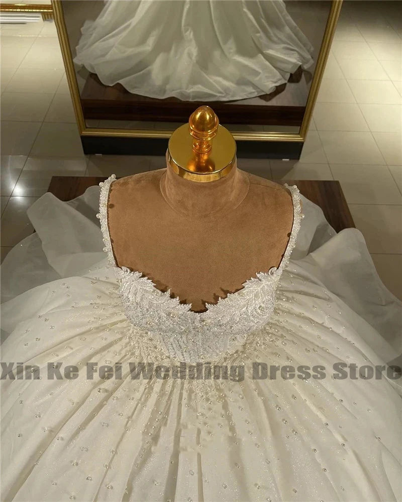 Lace Wedding Dresses with Train for Extra Drama -Women's Wedding Dresses Shiny Bead String Elegant A-Line Princess Bridal Gowns