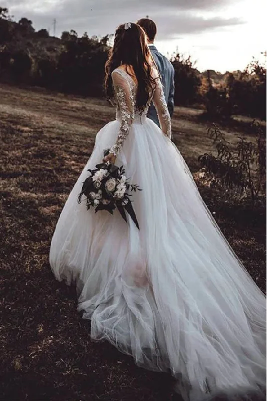 Bridal Gowns for Traditional Wedding Ceremonies -Graceful A-line Ivory Long Sleeves Tulle Appliques Lace Wedding Dresses OKV32