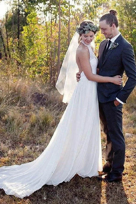 A-Line Wedding Gowns for Classic Silhouette -Halter Backless Sweep Train Chiffon Elegant Cheap Weeding Gowns OKE38 A-Line Wedding Gowns for Classic Silhouette -Halter Backless Sweep Train Chiffon Elegant Cheap Weeding Gowns OKE38