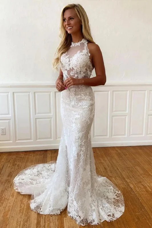 Wedding Dresses with Lace Insets for Subtle Detail -Halter Neck Backless Mermaid Off White Lace Long Wedding Dresses OK1952 Wedding Dresses with Lace Insets for Subtle Detail -Halter Neck Backless Mermaid Off White Lace Long Wedding Dresses OK1952