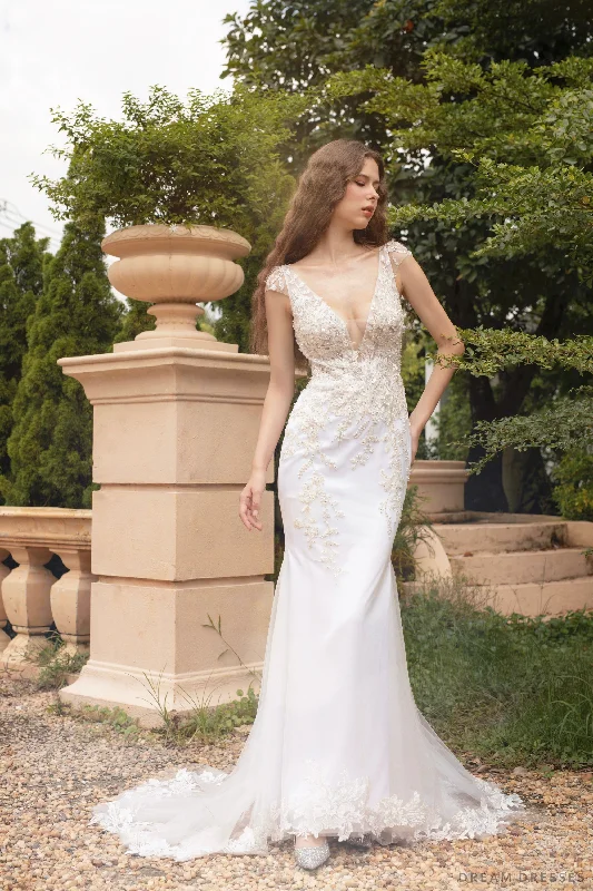 Wedding Dresses with Gathered Bodice for Flattering Effect -Plunging Neckline Mermaid Wedding Dress (#ELOISE)