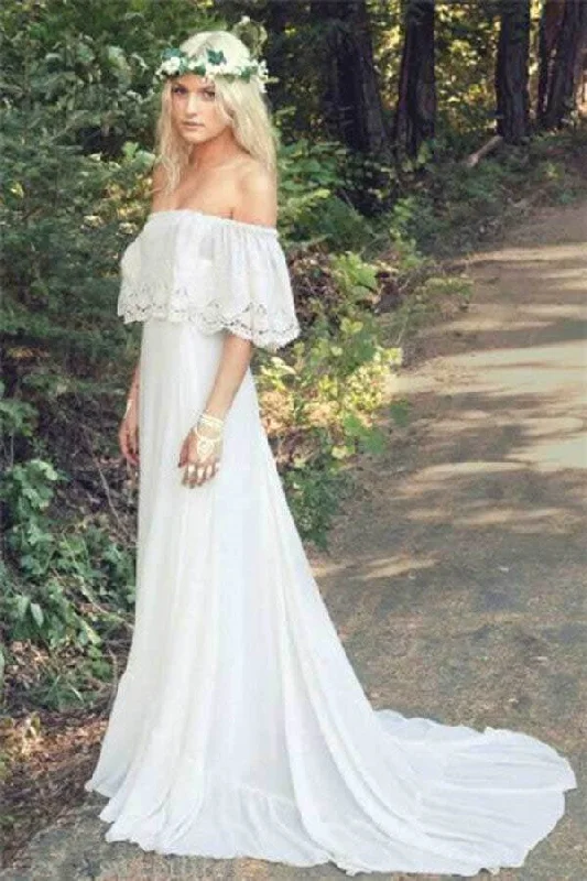 Wedding Dresses with Flared Skirt for Dramatic Appeal -Ivory Chiffon A-line Off-the-Shoulder Bohemian Lace Beach Wedding Dresses OK1814 Wedding Dresses with Flared Skirt for Dramatic Appeal -Ivory Chiffon A-line Off-the-Shoulder Bohemian Lace Beach Wedding Dresses OK1814
