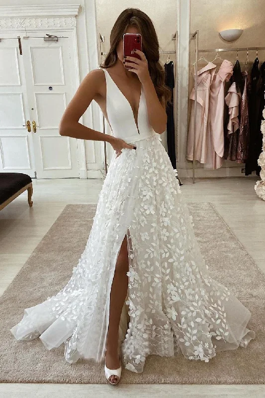 Beaded Wedding Dresses for Sparkling Effect -Ivory Floral Lace Plunging Sleeveless High Slit A-line Wedding Dress OKU88