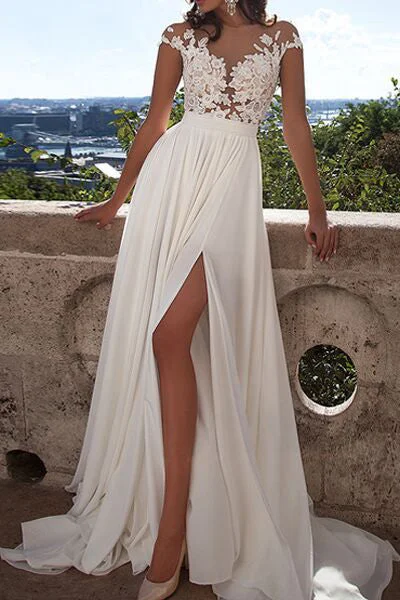 Two-Piece Wedding Dresses for Modern Brides -Ivory Lace Front Slit See Through Cap Sleeves Custom Made Beach Wedding Dress OK273