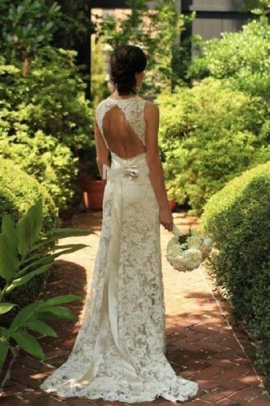 Wedding Dresses with Bow Detail for Playful Style -Ivory Lace Open Back Sweep Train Sheath Sleeveless Wedding Dress OK551 Wedding Dresses with Bow Detail for Playful Style -Ivory Lace Open Back Sweep Train Sheath Sleeveless Wedding Dress OK551