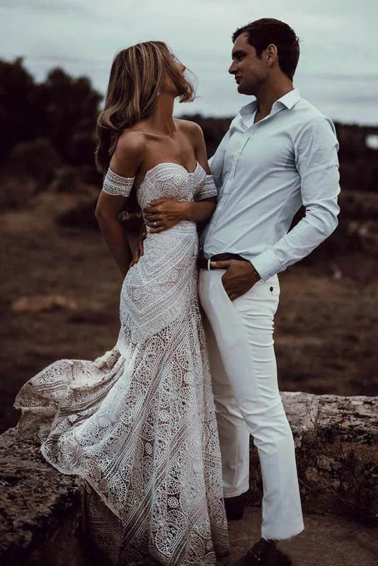 Two-Piece Wedding Dresses for Modern Style -Ivory Lace Sheath Sweetheart Neck Boho Beach Wedding Dress N1403