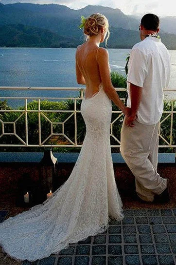Wedding Dresses with Tiered Skirt for Volume -Ivory Spaghetti Straps Sexy Backless Long Lace Mermaid Beach Wedding Dress OK274