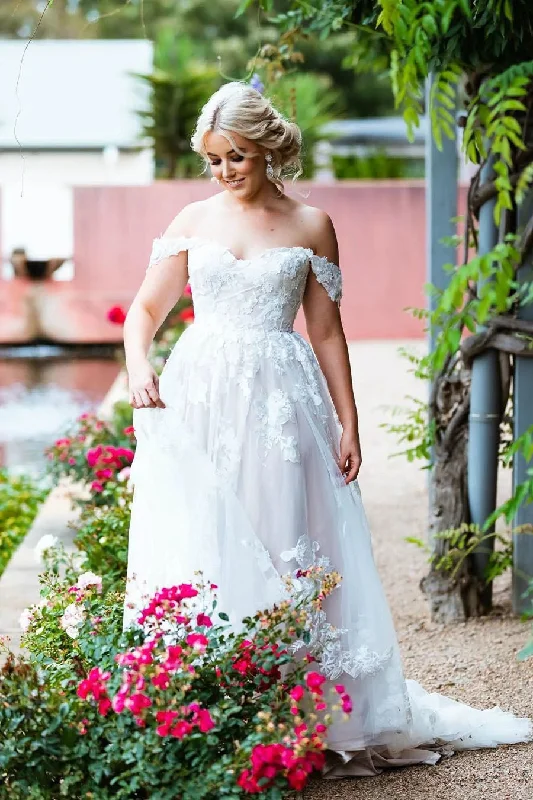 Elegant Wedding Dresses with Silk Overlay for Luxury -Ivory Sweetheart Tulle A Line Off Shoulder With Floral Patterns Beach Wedding Dresses OK1788 Elegant Wedding Dresses with Silk Overlay for Luxury -Ivory Sweetheart Tulle A Line Off Shoulder With Floral Patterns Beach Wedding Dresses OK1788