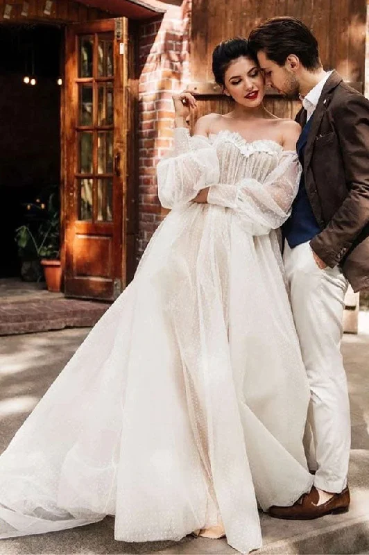 Simple Wedding Dresses for Understated Style -Ivory Tulle Off the Shoulder Bride Dress Simple Long Puffy Sleeves Wedding Gown OKW52