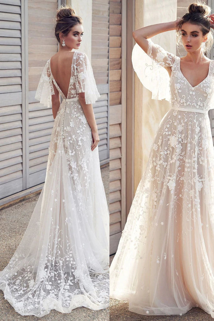 Wedding Dresses with Beaded Accents for Extra Glam -Ivory V Neck A Line Short Sleeves Wedding Dress with Lace Appliques Backless Bridal Dress OK1422