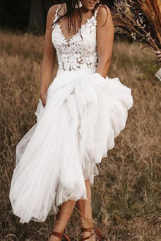 Classic White Wedding Dresses for Traditional Brides -Ivory V Neck Tulle Backless Bridal Dress A Line Wedding Dress With Lace Appliques OK1092