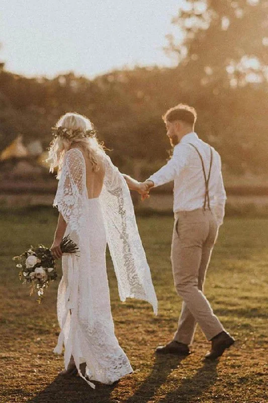 Timeless Satin Wedding Dresses for Classy Appeal -Ivory Wedding Dresses with Batwing Sleeve Lace Backless Bridal Dress OKN89