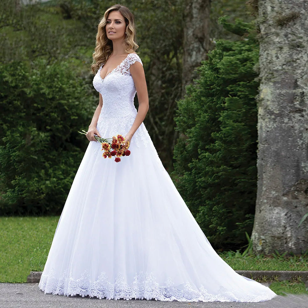 Simple Wedding Dresses for Effortless Style -Wedding Dress for Women Bride Elegant Cap Sleeve V Neck Lace Tulle
