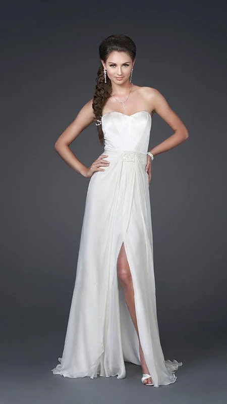 Classic Wedding Dresses for Traditional Brides -La Femme - Silk Fitted Bodice High Slit Chiffon A-Line Gown 15586 Classic Wedding Dresses for Traditional Brides -La Femme - Silk Fitted Bodice High Slit Chiffon A-Line Gown 15586