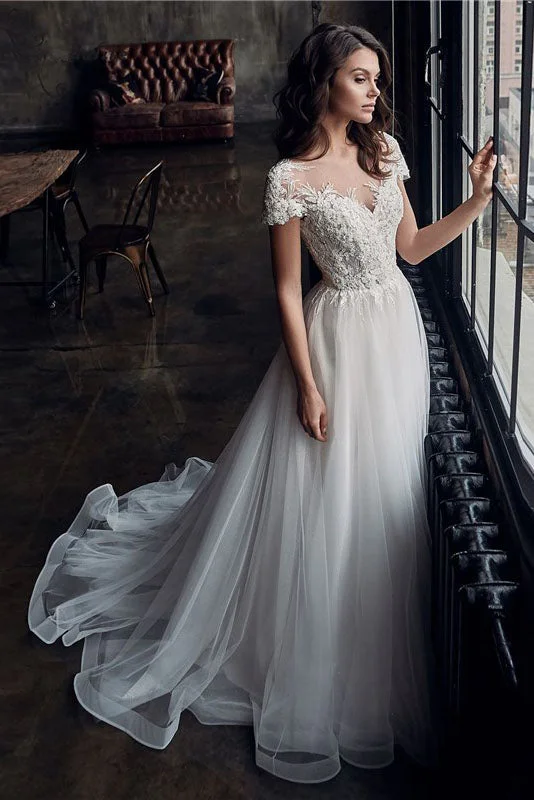 Wedding Dresses with Floral Embroidery for Soft Detail -Lace Appliqued Beaded Button Short Sleeves A-line Tulle Boho Wedding Dress OKV37