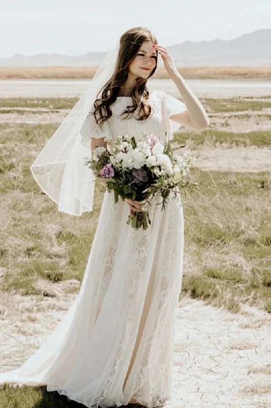 Customizable Wedding Dresses for Personalized Fit -Lace Bohemian Boat Neck Bridal Dress Short Sleeves Beach Destination Wedding Gown OKZ31