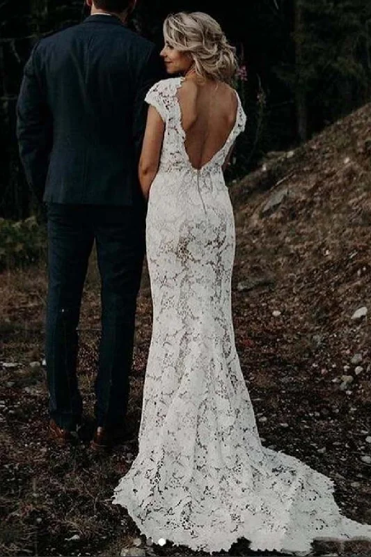 Wedding Dresses with Flared Skirt for Dramatic Appeal -Lace Bohemian Mermaid V Back Wedding Dress V-Neck Cap Sleeves Bridal Dress OKX41