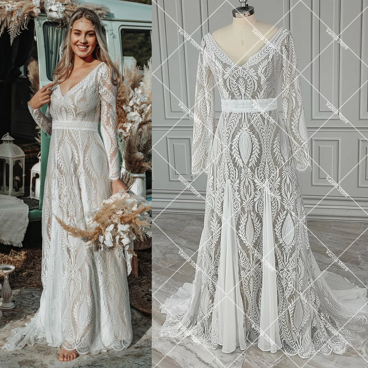 Plunging V-Neck Wedding Dresses for Daring Look -Boho A Line Wedding Dress Hippie Lace Custom Made V Neck Sleeveless Plunging V-Neck Wedding Dresses for Daring Look -Boho A Line Wedding Dress Hippie Lace Custom Made V Neck Sleeveless