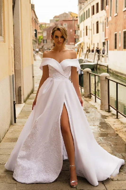 A-Line Wedding Dresses with Satin for Sleek Style -Lace Embroidered Satin Off the Shoulder Wedding Gowns Elegant Bridal Dress OK1425 A-Line Wedding Dresses with Satin for Sleek Style -Lace Embroidered Satin Off the Shoulder Wedding Gowns Elegant Bridal Dress OK1425