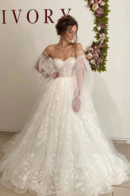 Simple Modern Wedding Dresses for No-Frills Elegance -Lace Floral Puffy Sleeve Wedding Dress Sweetheart Long Train Bridal Gown Corset Back OKV20 Simple Modern Wedding Dresses for No-Frills Elegance -Lace Floral Puffy Sleeve Wedding Dress Sweetheart Long Train Bridal Gown Corset Back OKV20