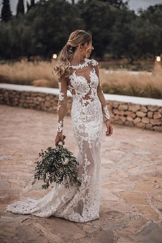 Sweetheart Neckline Wedding Dresses for Feminine Look -Lace Mermaid Backless Long Sleeves See Through Wedding Dress Bridal Gown OK1140