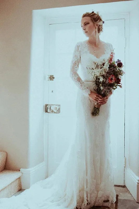 A-Line Lace Wedding Dresses for Timeless Romance -Lace Mermaid Long Sleeves Sweep Train Wedding Dresses, Chic Bridal Gowns OK1768 A-Line Lace Wedding Dresses for Timeless Romance -Lace Mermaid Long Sleeves Sweep Train Wedding Dresses, Chic Bridal Gowns OK1768