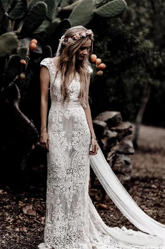 Ball Gown Wedding Dresses for Princess Look -Lace Rustic Cap Sleeves Mermaid Wedding Dress Sheath Boho Wedding Dress OKU75