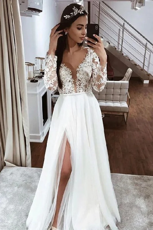 Bohemian Lace Wedding Dresses for Free-Spirited Brides -Lace Top Long Sleeves A-line V-neck Open Back Wedding Dress with Slit OK1678