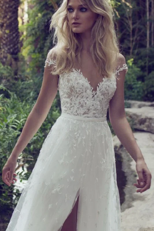 High-Neck Wedding Dresses for Elegant Coverage -Lace Boho Off the shoulder Cap Sleeves Long Country Slit Wedding Gowns, Beach Wedding Dress OK242
