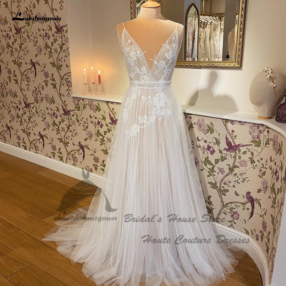 Wedding Dresses with Sparkles for Radiant Glow -Champagne A Line Wedding Dress Beach Summer