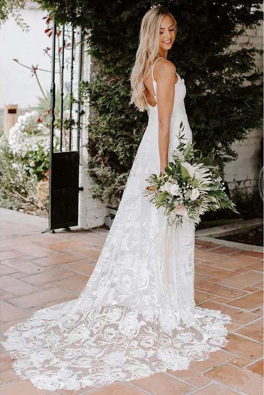Wedding Dresses with Detachable Train for Versatility -Latest Beach A-line Lace Bridal Wedding Gown Backless Plunge Wedding Dress OKV28
