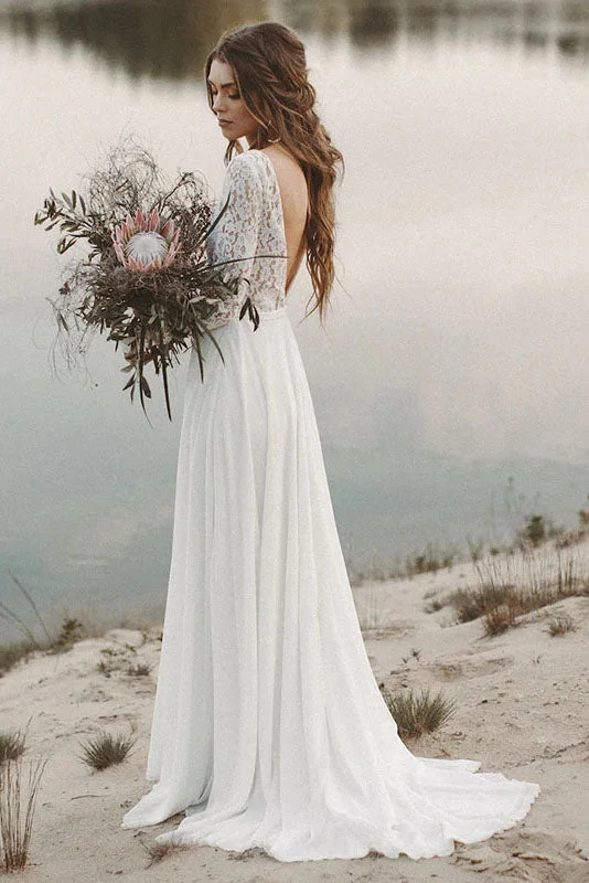 Wedding Dresses with Train for Dramatic Effect -Long Sleeve Beach Wedding Dress Chiffon Lace Wedding Gowns V-Neck Open Back Bridal Dresses OKV23